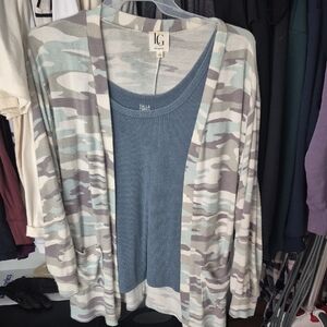 Camouflage Cardigan with Blue Tank Top